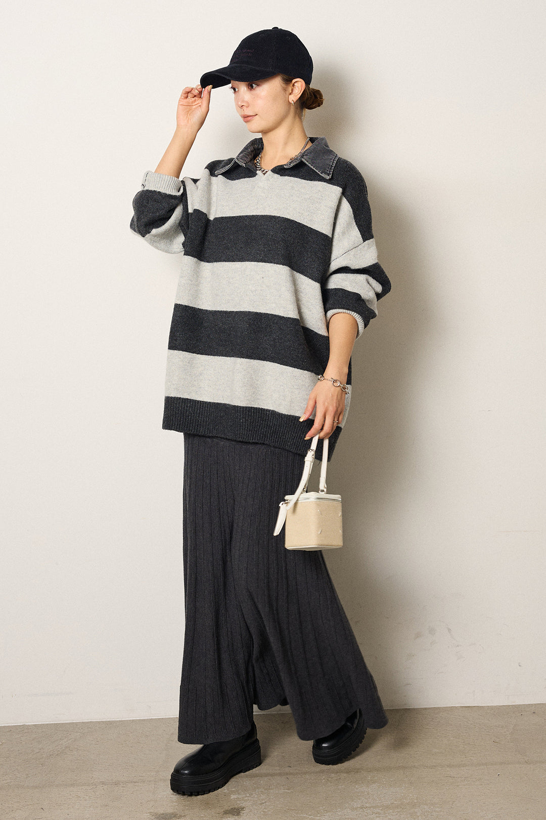 [SET]デニムカラーボーダールーズニット+編み地切り替えフレアニットスカート(2set)