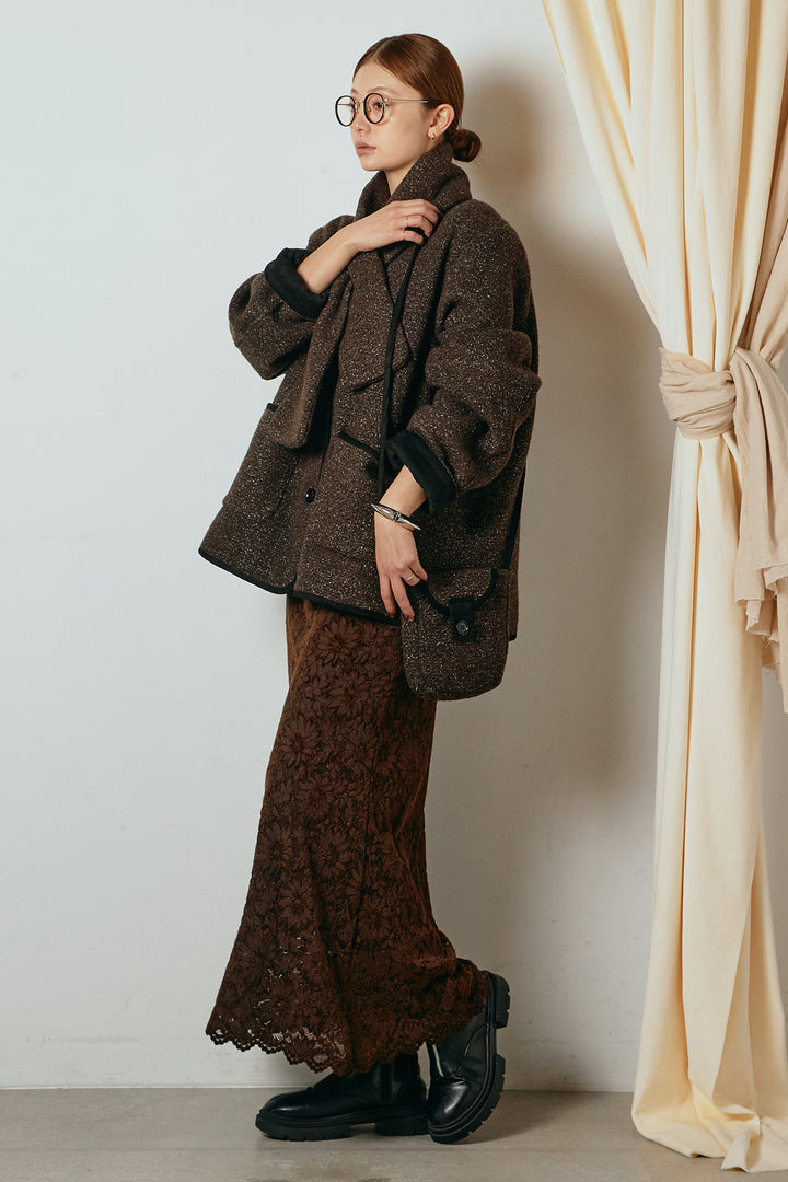 [SET]ノーカラーマフラーバッグ付きアウター+花柄刺繍ベロアフレアスカート(2set)