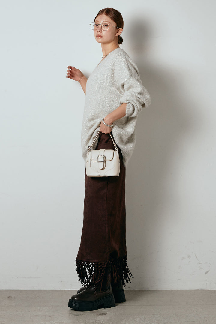 [SET]Vネックルーズラメニットトップス+スウェードライク裾フリンジスカート(2set)