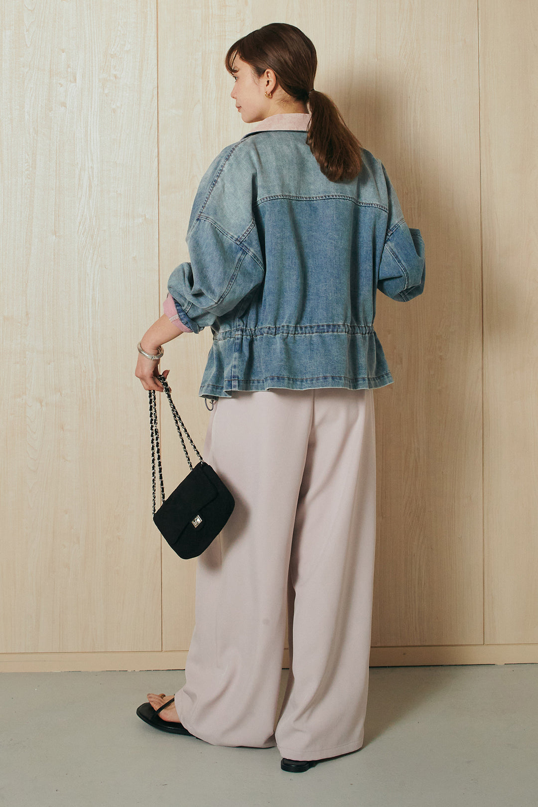 [SET]襟付き配色デニムブルゾン+ビックベルトループタックベルト付きワイドパンツ(2set)