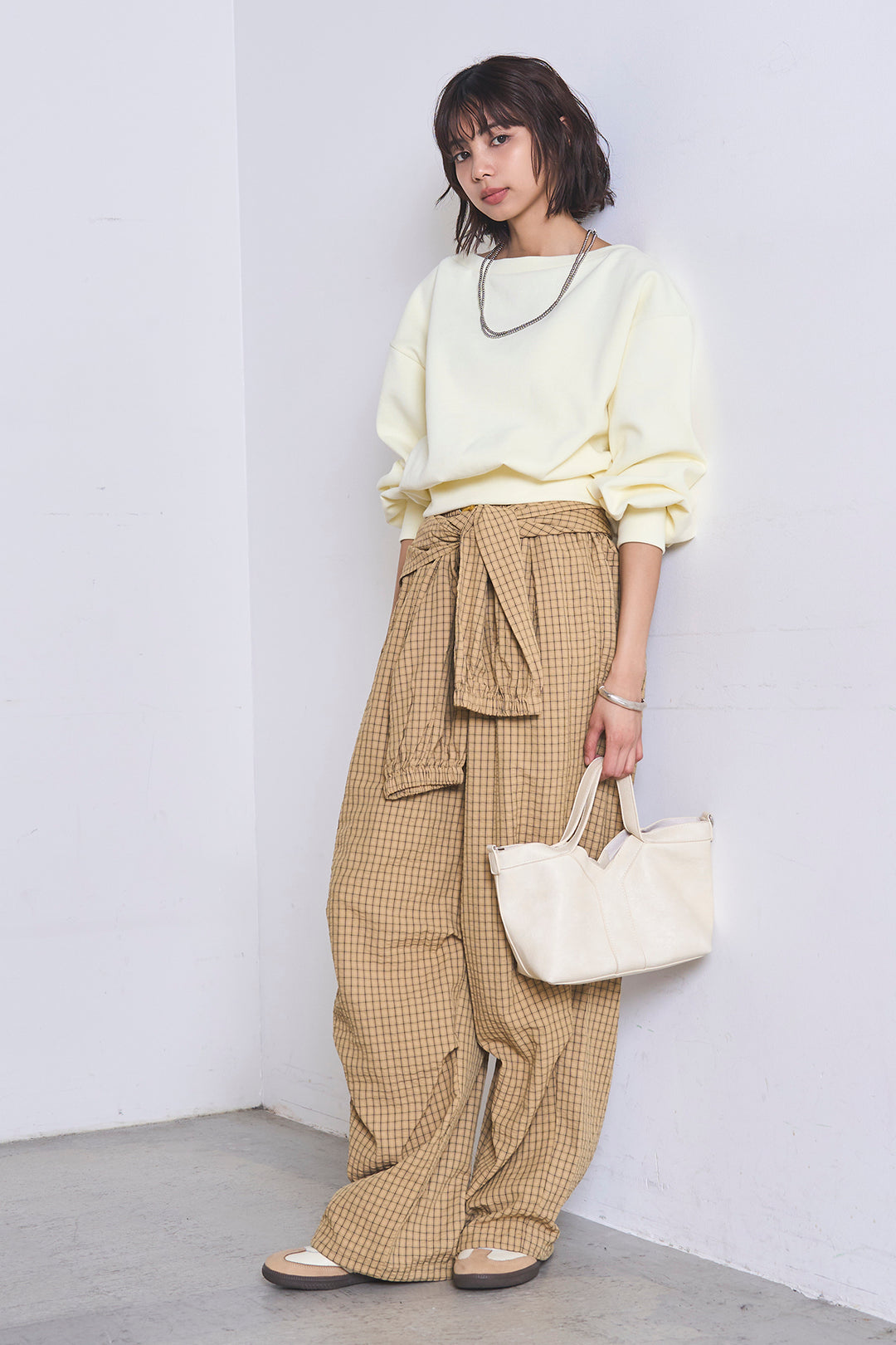 [SET]ワンショルスウェットプルオーバー+チェックウエスト巻きジョガーパンツ(2set)