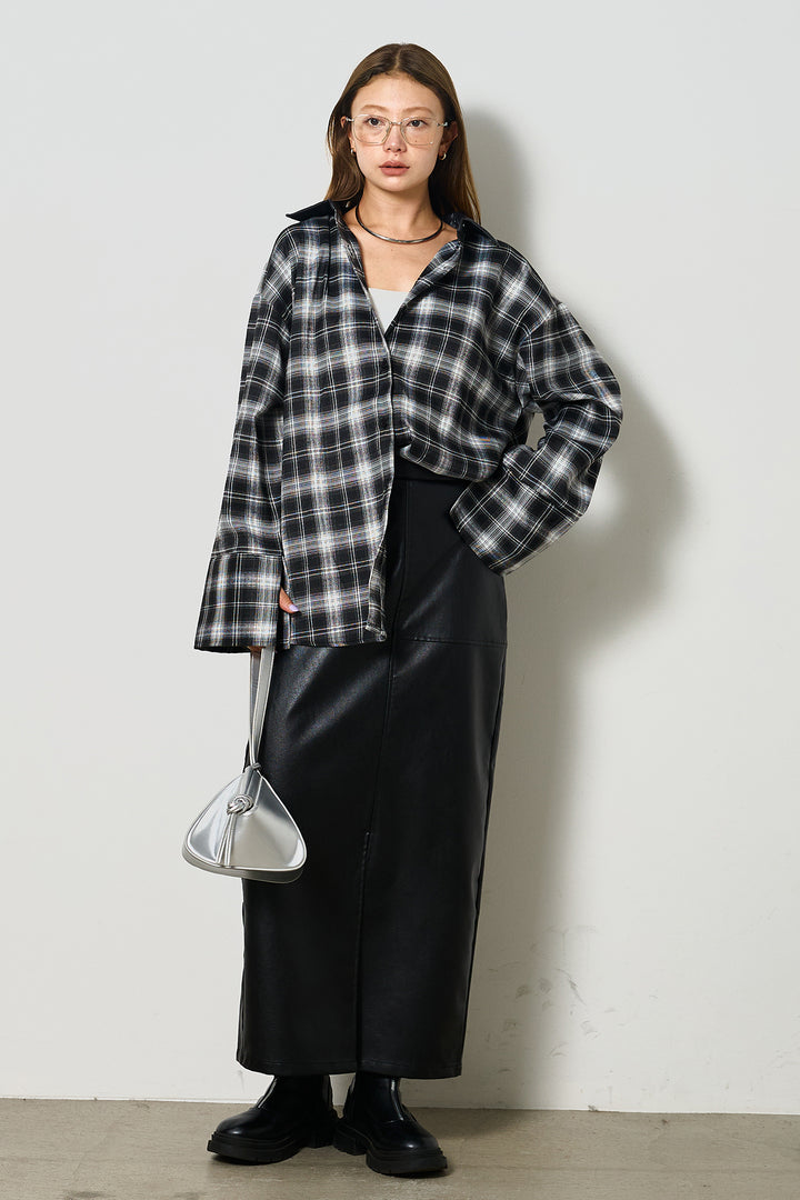 [SET]襟フェイクレザーネルチェックシャツ+フェイクレザーワイドスカート(2set)
