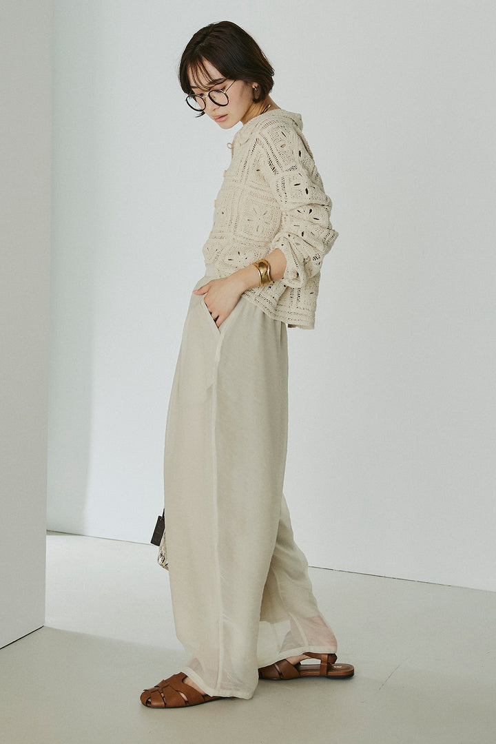 [SET]鍵編みフラワーレースカーディガン+オーガンジータックパンツ(2set)