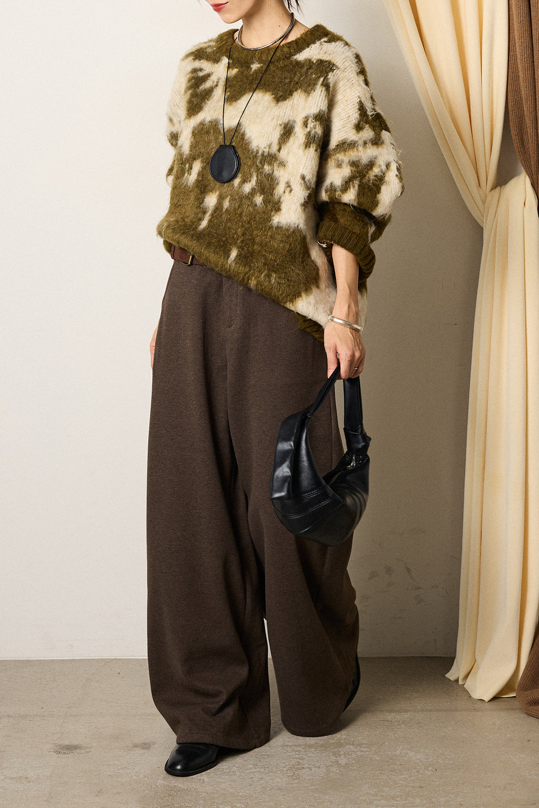 [SET]モヘアタッチマーブルニット+サイドベルトパンツ(2set)