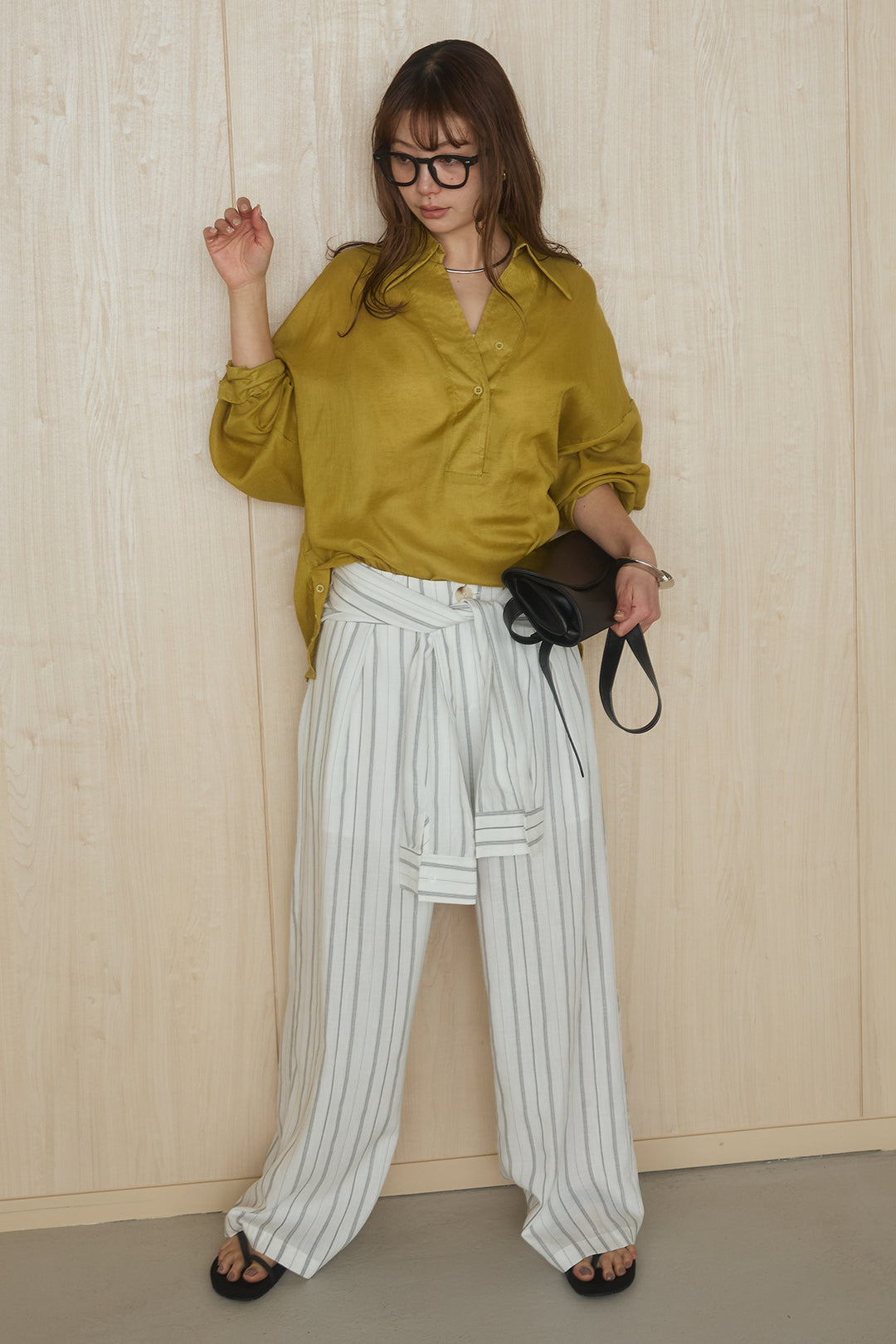 [SET]襟付きボタンブラウス+ウエスト巻きピンストライプパンツ(2set)