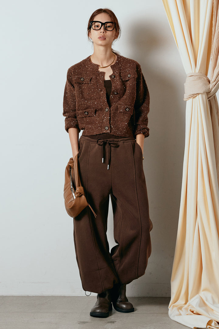 [SET]ネップニットカーディガン+スウェットワイドカーブパンツ(2set)