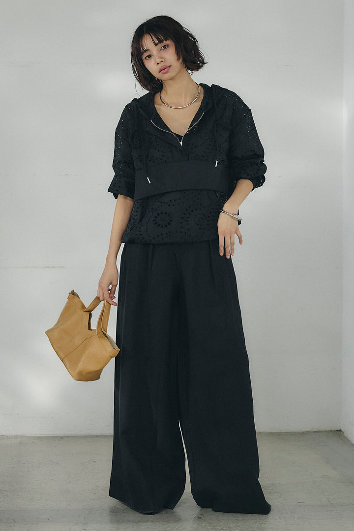 [SET]レースハーフジップアップフーディー+リネン混タックストレートワイドパンツ(2set)