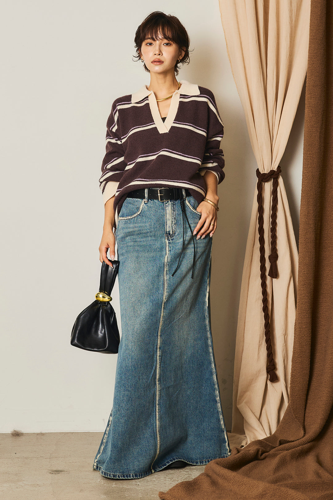 【即納】フェイクレザー太ベルト付きデニムワイドスカート