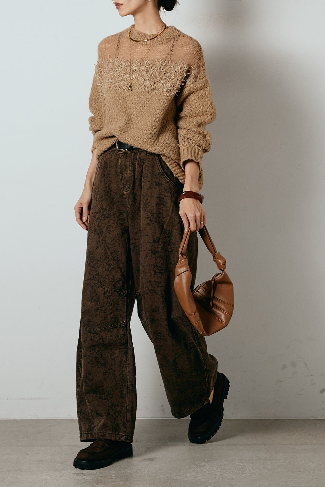 [SET]パターンランダム編みニットトップス+ベルト付きニュアンス柄カーブワイドパンツ(2set)