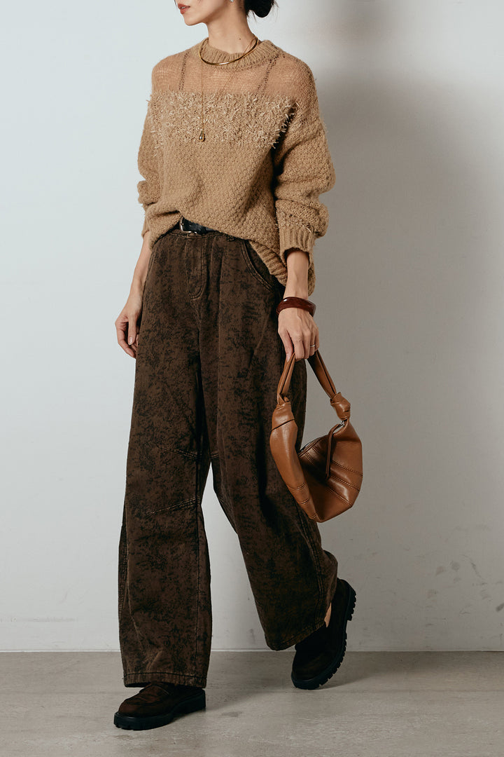 [SET]パターンランダム編みニットトップス+ベルト付きニュアンス柄カーブワイドパンツ(2set)