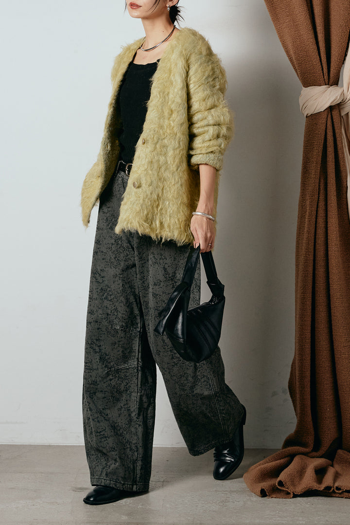 [SET]ウェーブシャギーニットジャケット+ベルト付きニュアンス柄カーブワイドパンツ(2set)