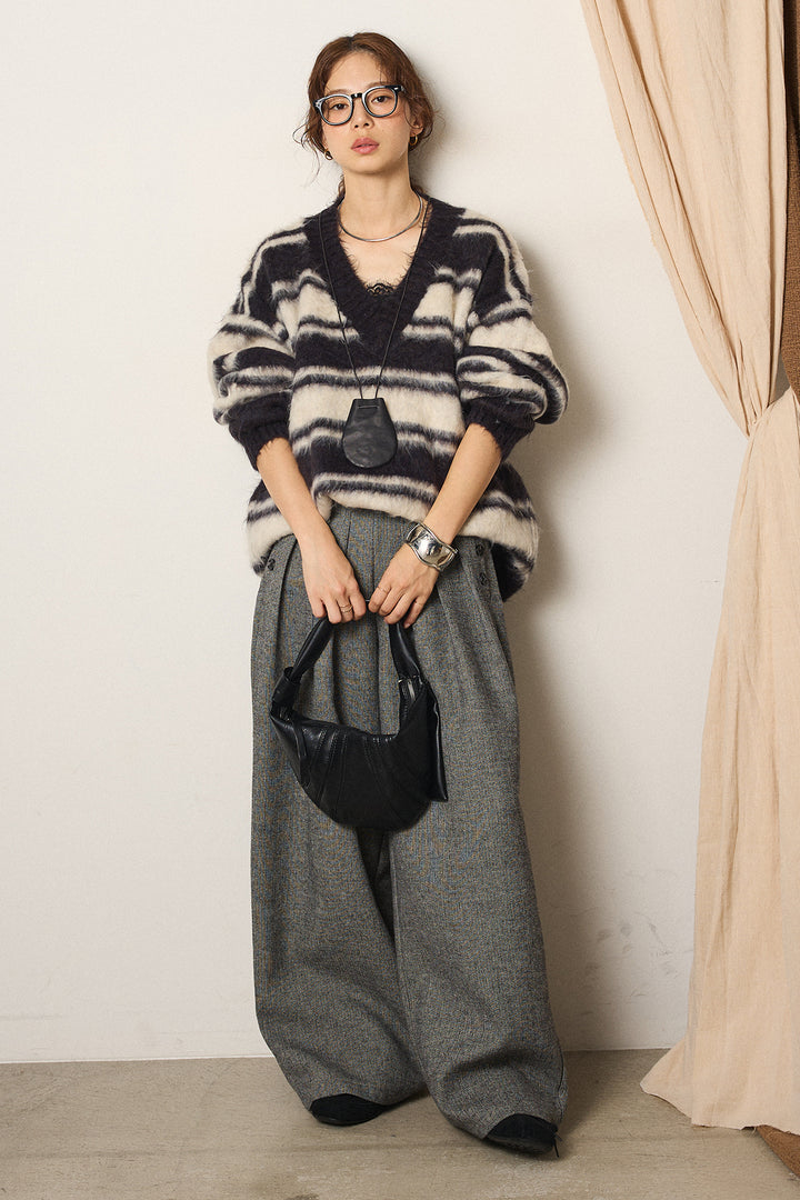 [SET]ルーズVネックボーダーニットトップス+サイドボタンツイードタックパンツ(2set)