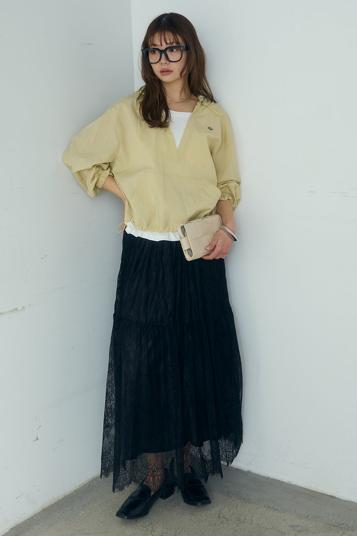 [SET]レイヤードデザインフーディートップス+ひげレース切替ロング丈スカート(2set)