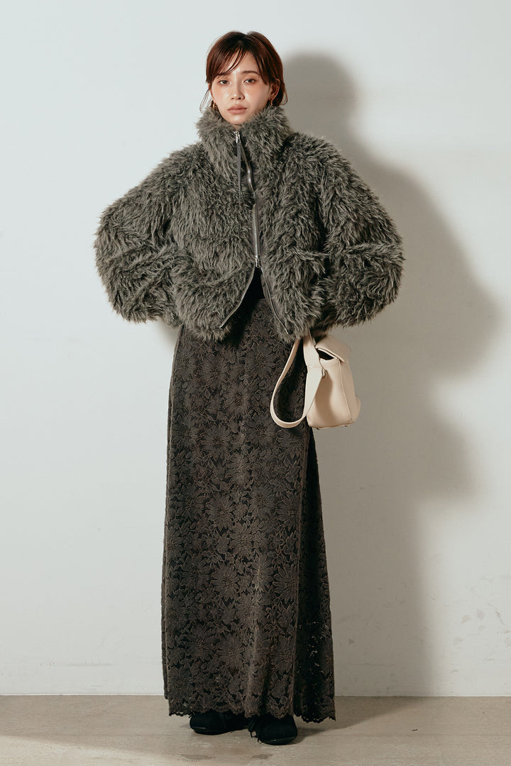 [SET]ミックスシープファースタンドブルゾン+花柄刺繍ベロアフレアスカート(2set)