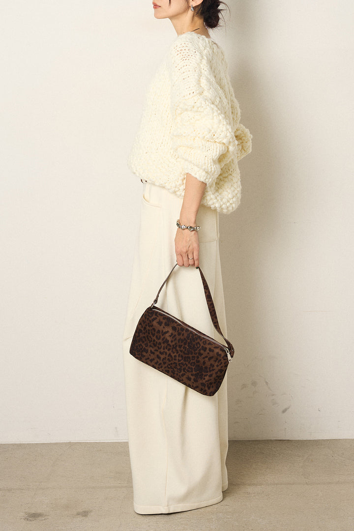 [SET]Vネックハンド編みニットトップス+太ベルト付きスウェットワイドカーブパンツ(2set)