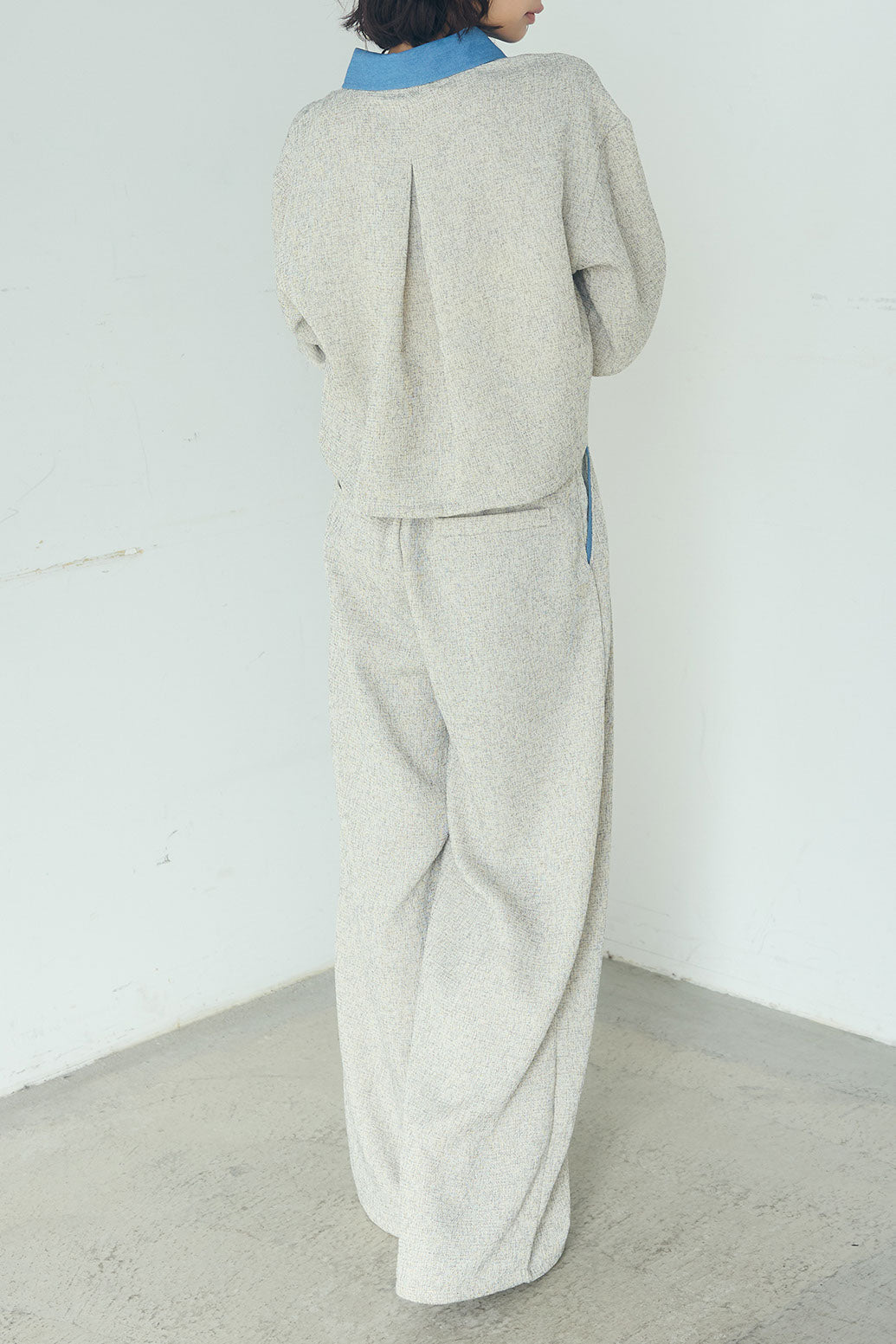 [SET]ツイード×デニムショート丈シャツ+ツイード×デニムハイウエストラインロングパンツ(2set)