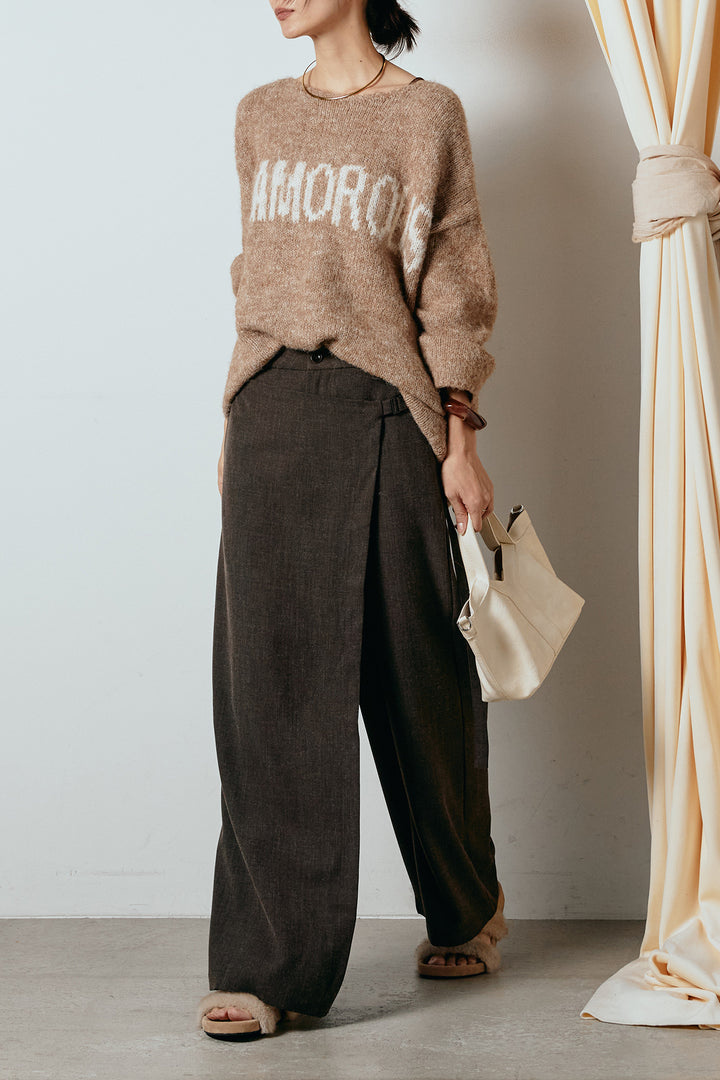 [SET]フロントロゴデザインニットトップス+ラップ巻きワイドスラックス(2set)