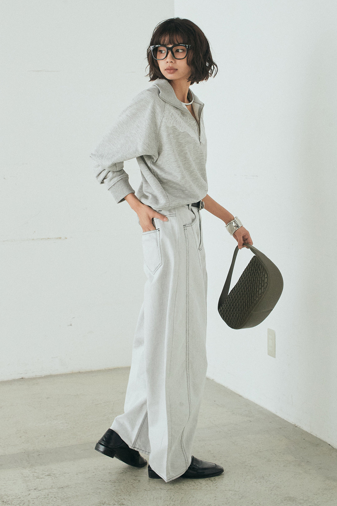 [SET]リバーレースハーフジップ裏毛スウェット+ツイル配色ステッチバレルパンツ(2set)