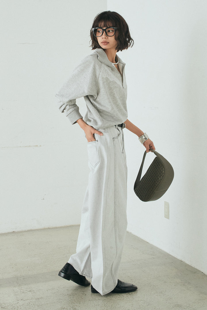 [SET]リバーレースハーフジップ裏毛スウェット+ツイル配色ステッチバレルパンツ(2set)