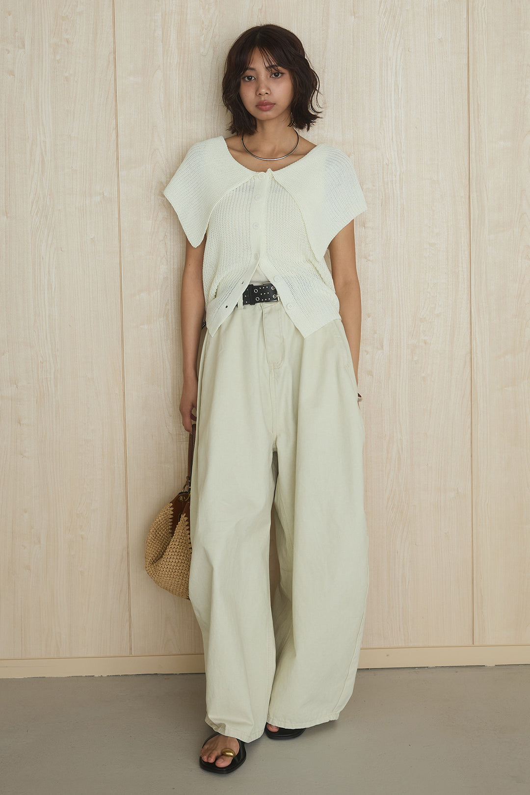 [SET]ビッグカラーボタンニットトップス+ベルト付きカラーデニムパンツ(2set)