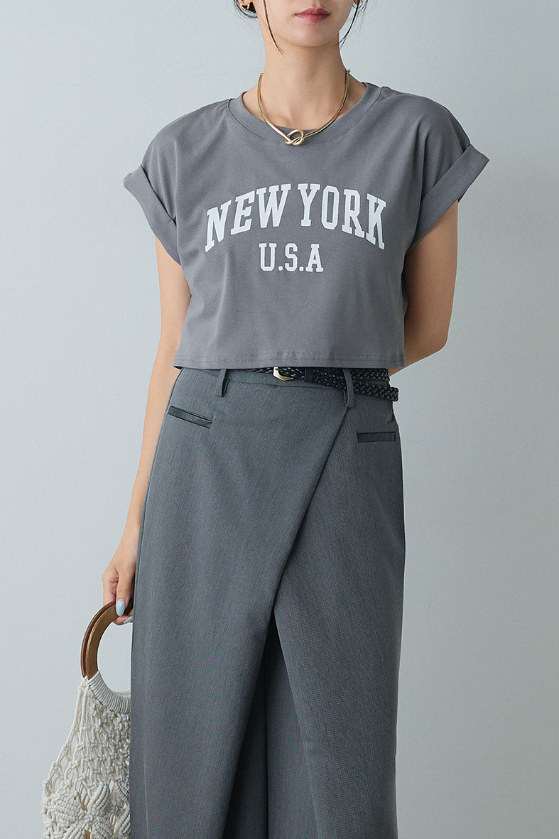 [SET]ショート丈NEWYORKロゴTシャツ+ベルト付きクロスデザインパンツ(2set)