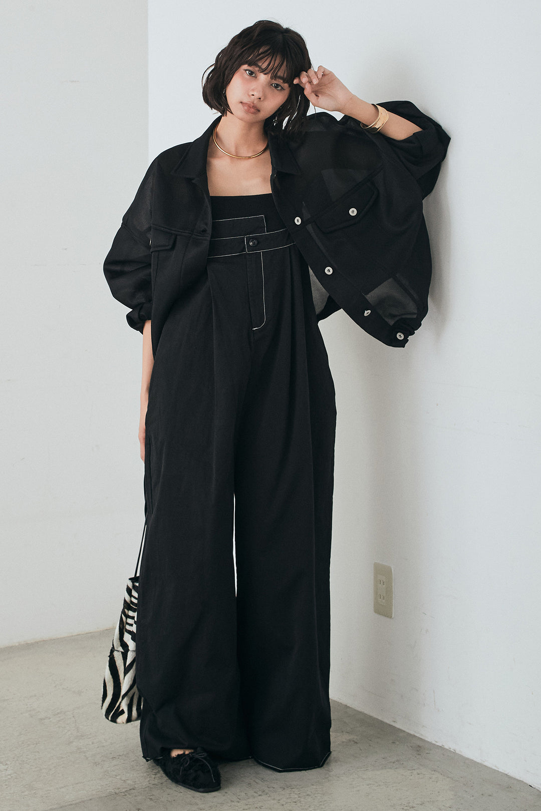 [SET]シアーダンボールサイドドロストジャケット+綿ツイルアシメサロペット(2set)