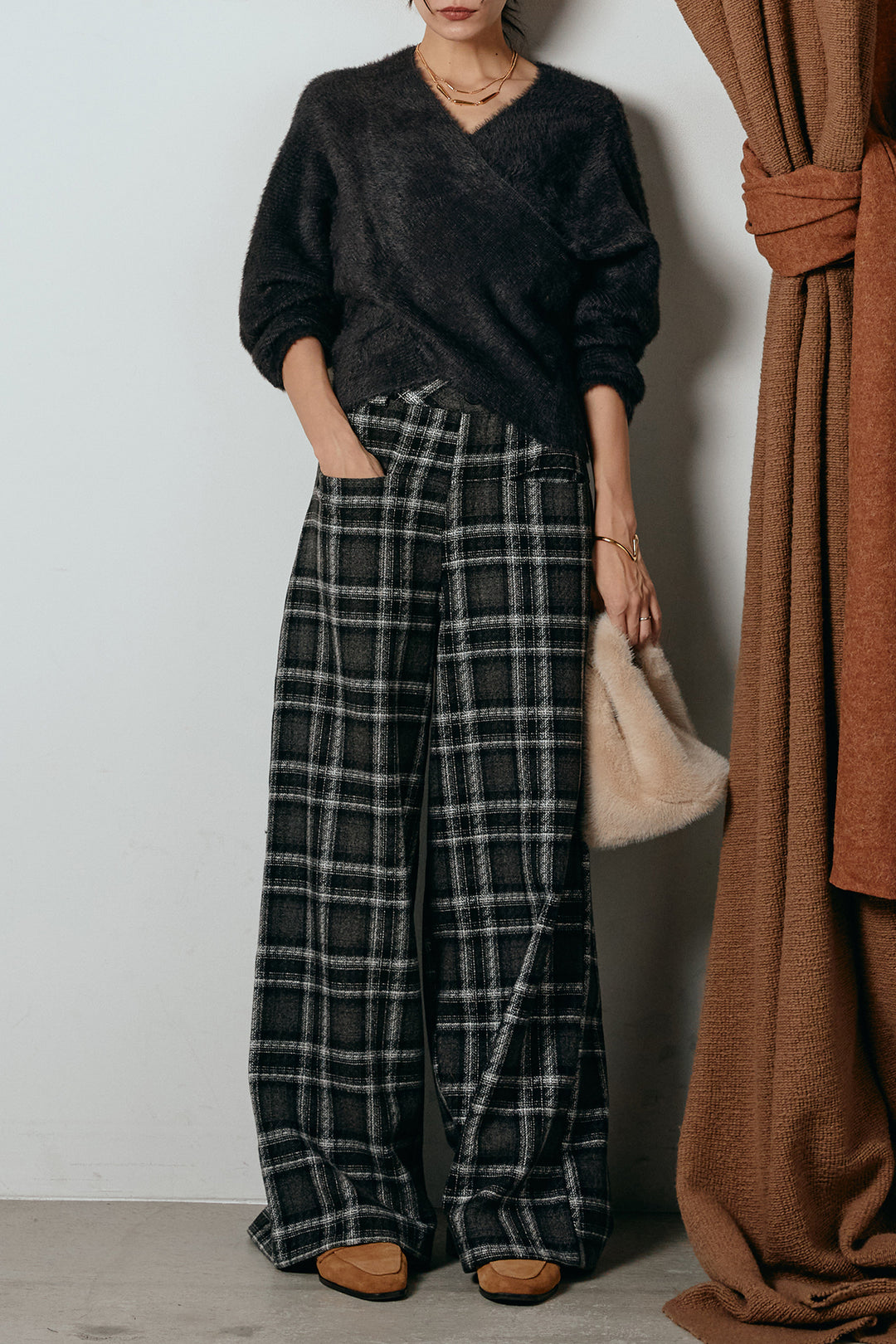 [SET]シャギーカシュクールニットトップス+ルーズタータンチェックワイドパンツ(2set)