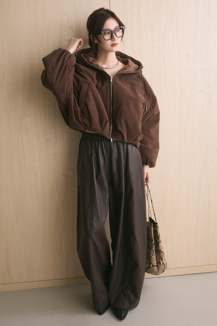[SET]コーデュロイフーディバルーンブルゾン+フェイクレザーカーブワイドパンツ(2set)