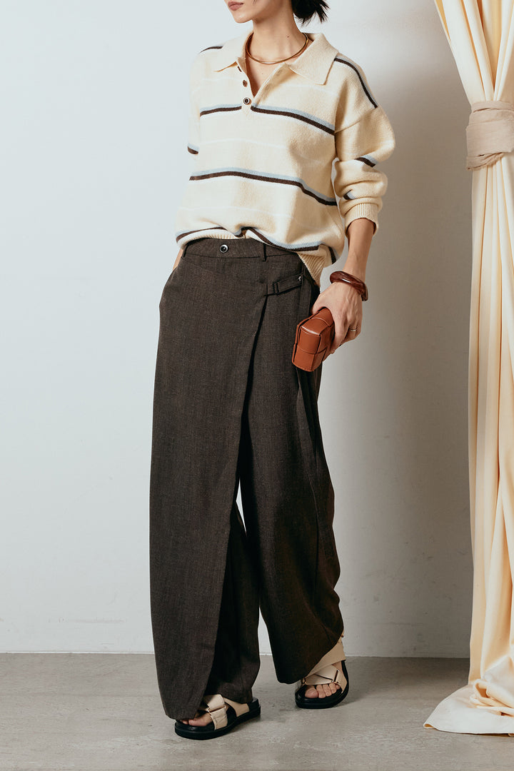 [SET]襟付きマルチボーダーニットポロトップス+ラップ巻きワイドスラックス(2set)