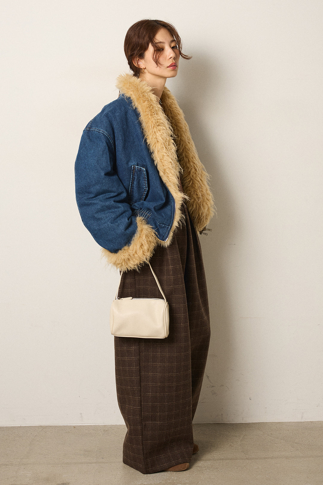 [SET]エコファーデニムボアジャケット+ウールライクチェックタックパンツ(2set)