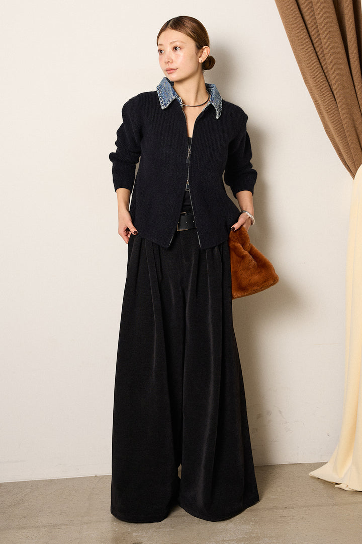 [SET]デニム襟ダブルジップニットトップス+ベルトループコーデュロイワイドパンツ(2set)