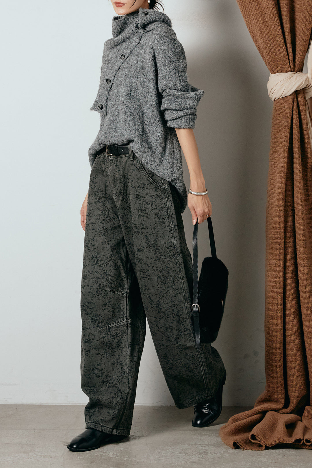 [SET]ケープデザインケーブルニットトップス+ベルト付きニュアンス柄カーブワイドパンツ(2set)