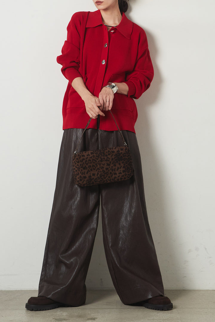 [SET]メタル釦衿付きニットカーディガン+ベルト付きレザーライクタックパンツ(2set)