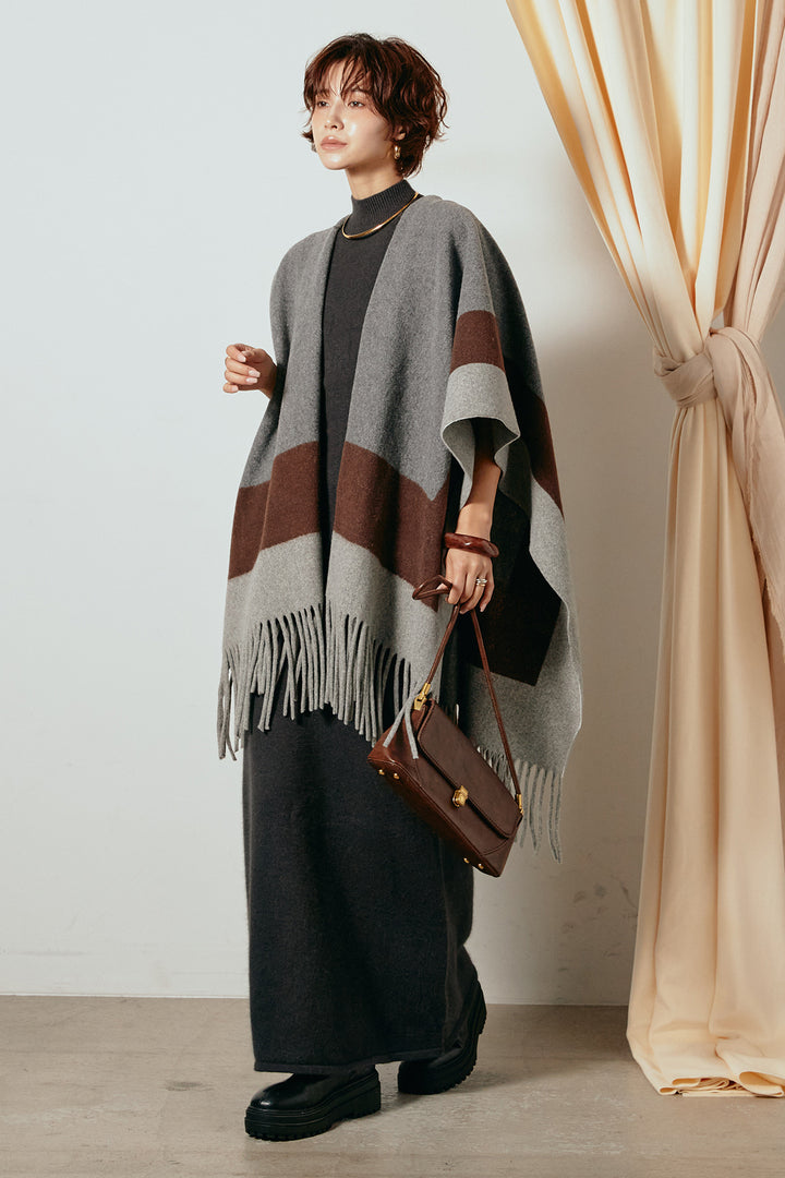 [SET]裾フリンジ柄ポンチョアウター+ノースリーブニットロングワンピース(2set)