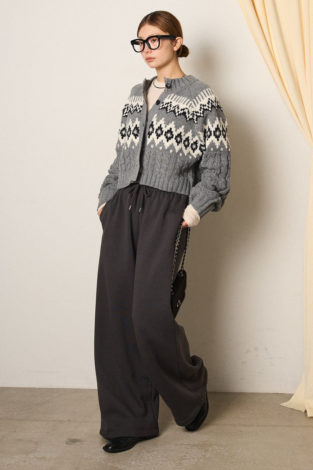 [SET]2WAY求心柄ジャガードショートカーディガン+裏起毛スウェットワイドパンツ(2set)