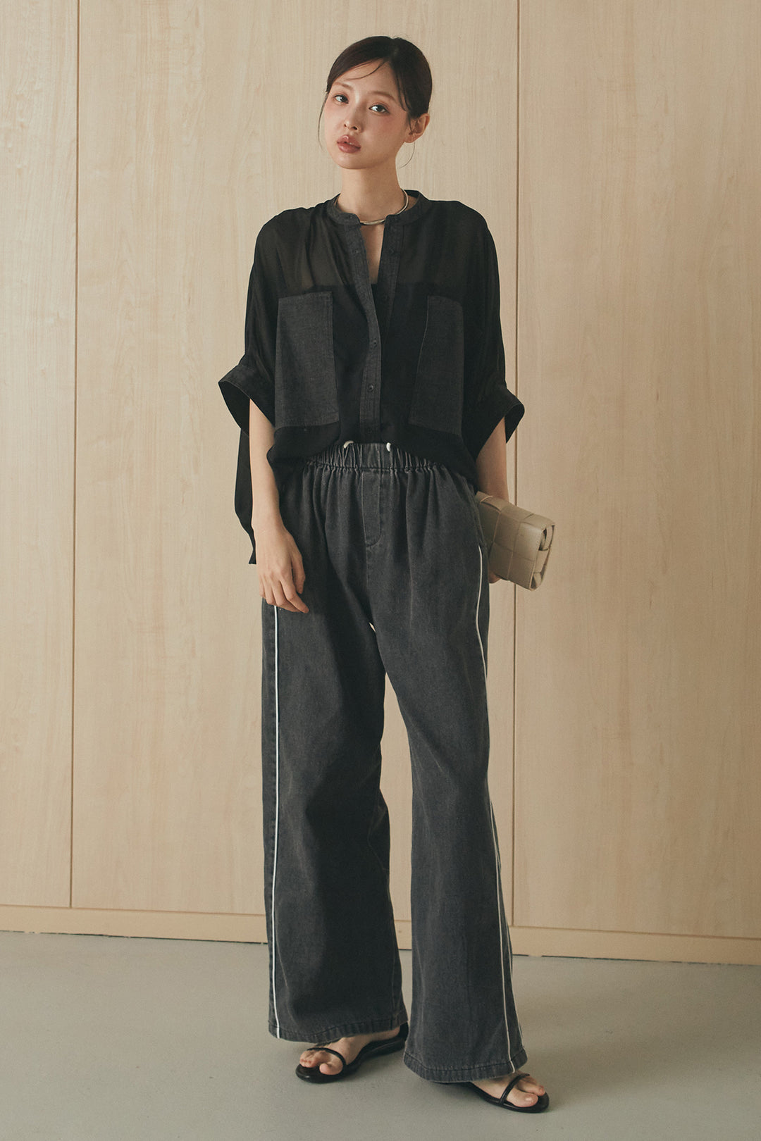 [SET]デニムライクビッグツーポケシアーシャツ+ドロストサイドラインデニムパンツ(2set)