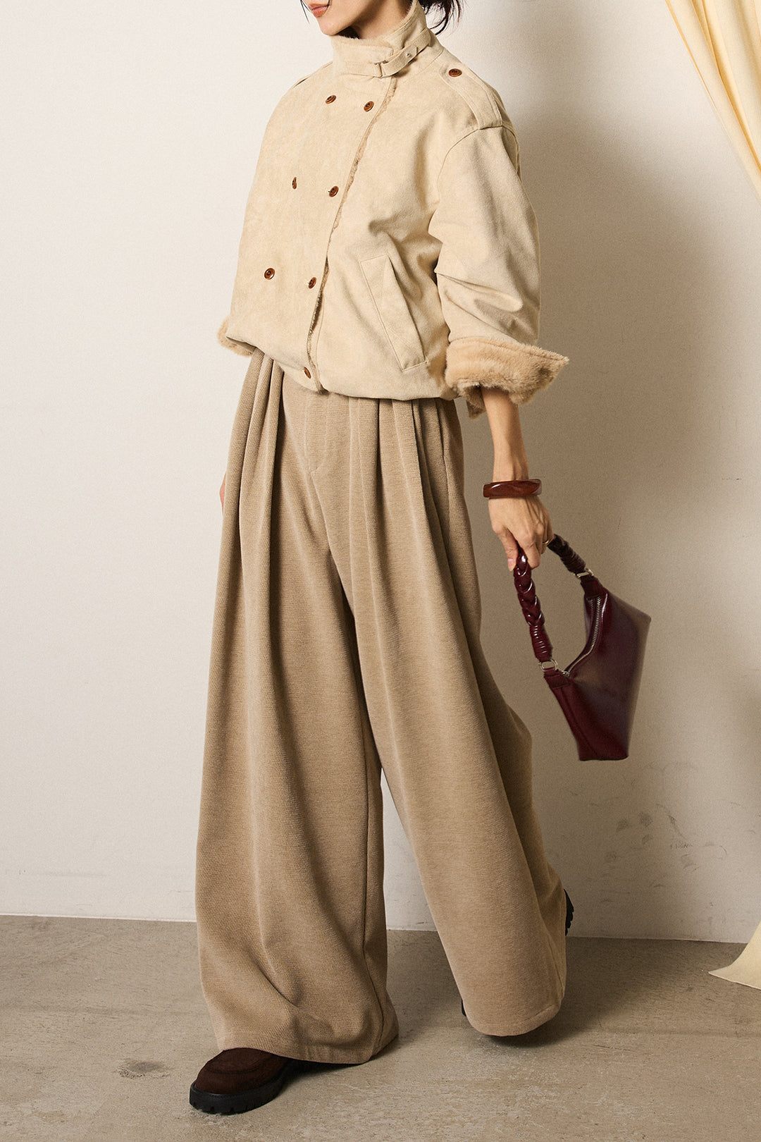 [SET]スタンド襟スウェードライクアウター+ベルトループコーデュロイワイドパンツ(2set)