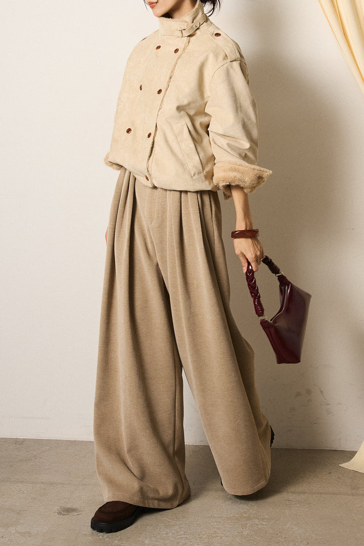 [SET]スタンド襟スウェードライクアウター+ベルトループコーデュロイワイドパンツ(2set)