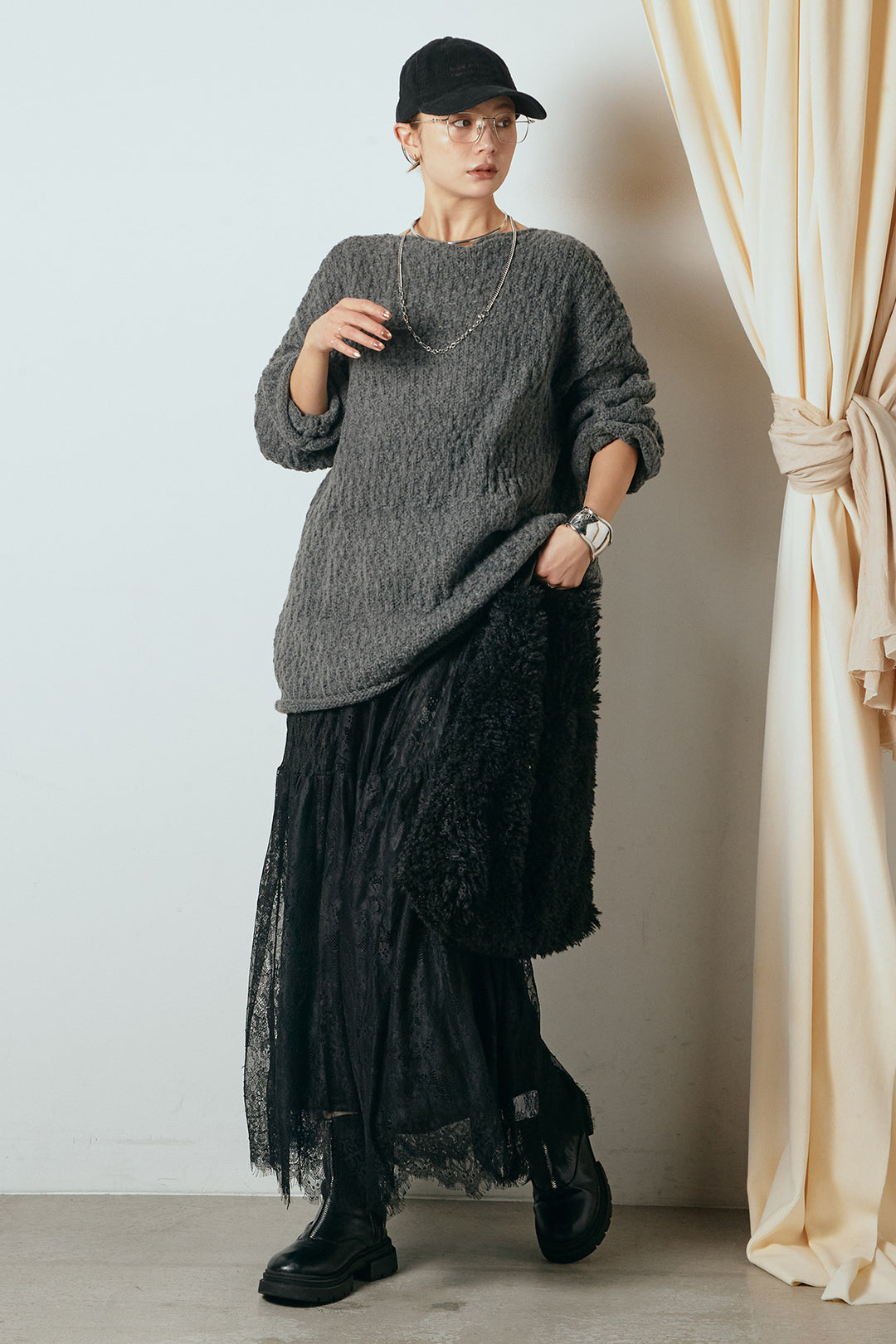 [SET]ボリューム編みニットプルオーバー+ひげレース切替ロング丈スカート(2set)