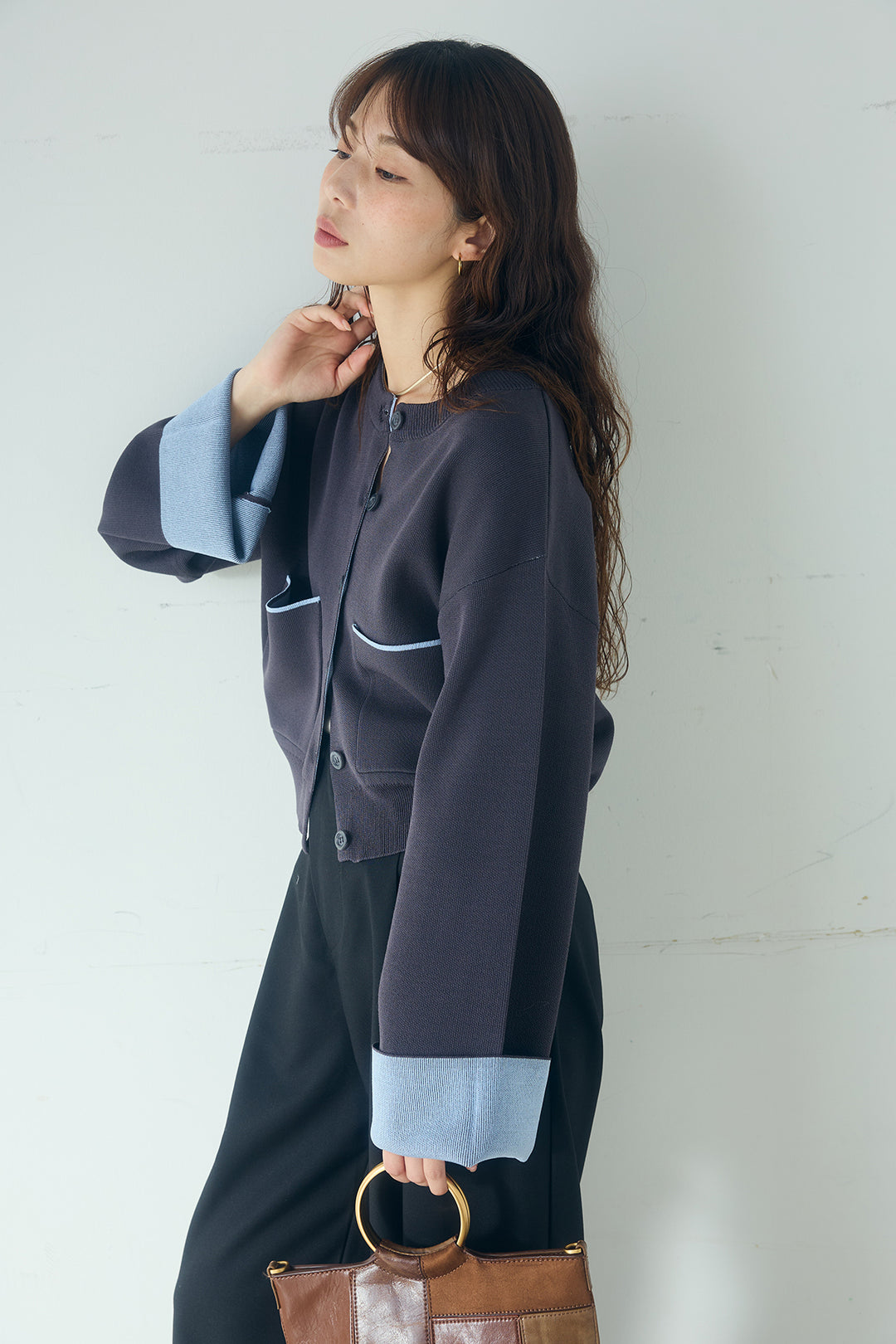 [SET]レーヨンポリダブルフェイスカーディガン+サイドベルトタック入りスラックス(2set)