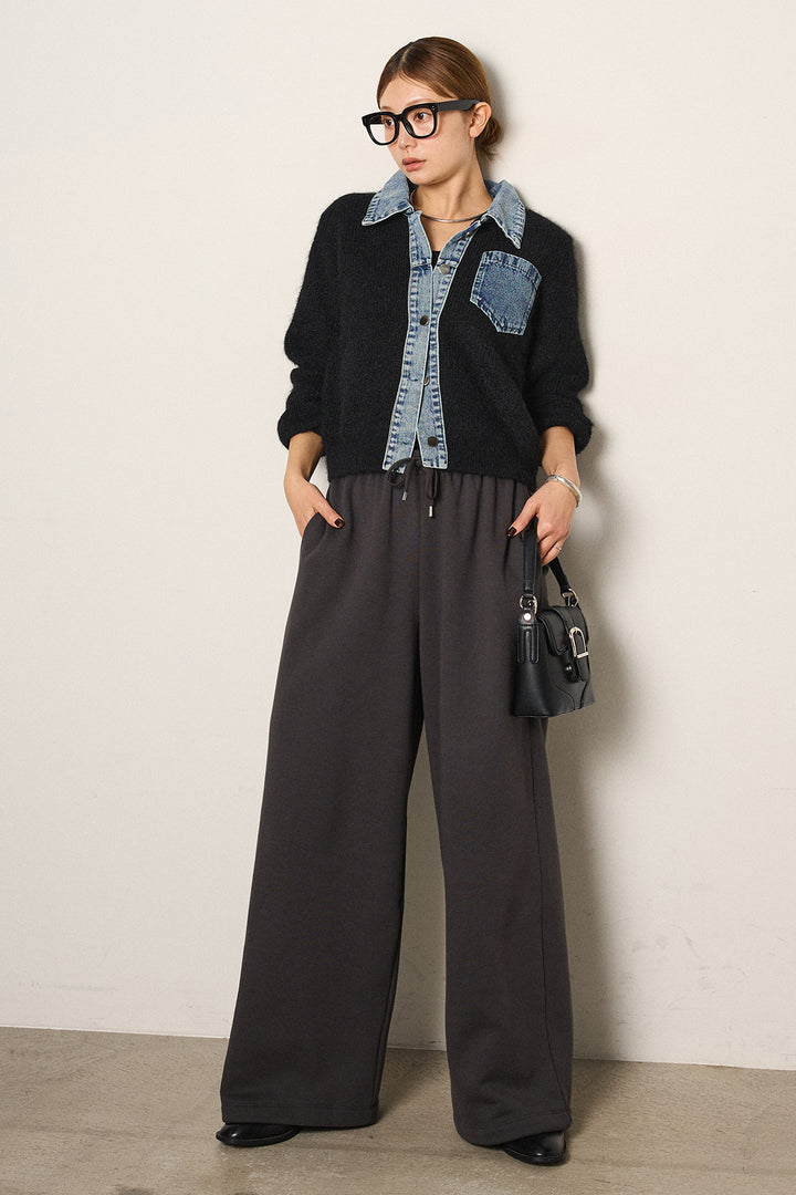 [SET]襟付きデニム切替ニットカーディガン+裏起毛スウェットワイドパンツ(2set)