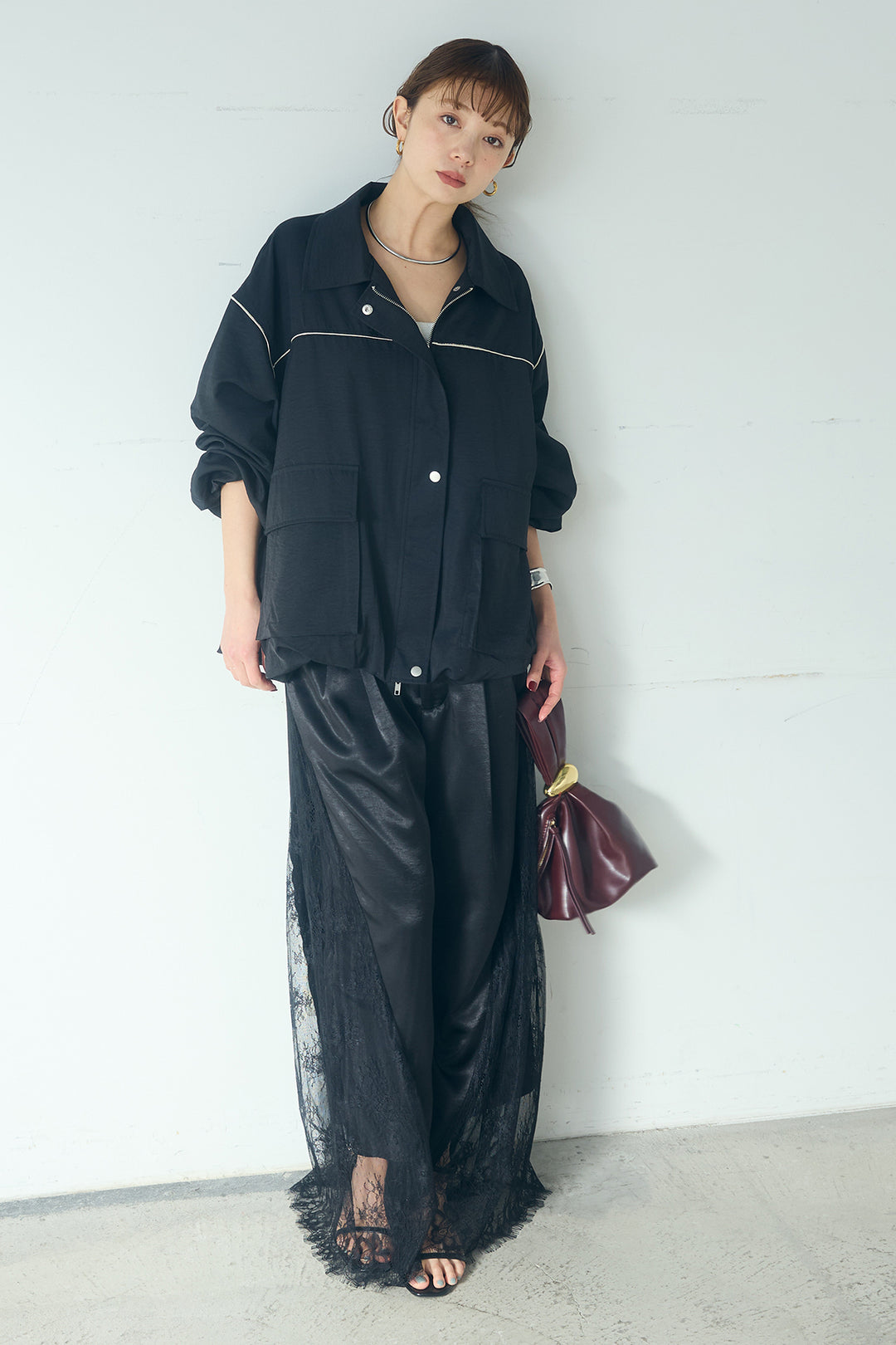 [SET]合繊ツイルバルーンジャケット+サテンレース切り替えタックパンツ(2set)