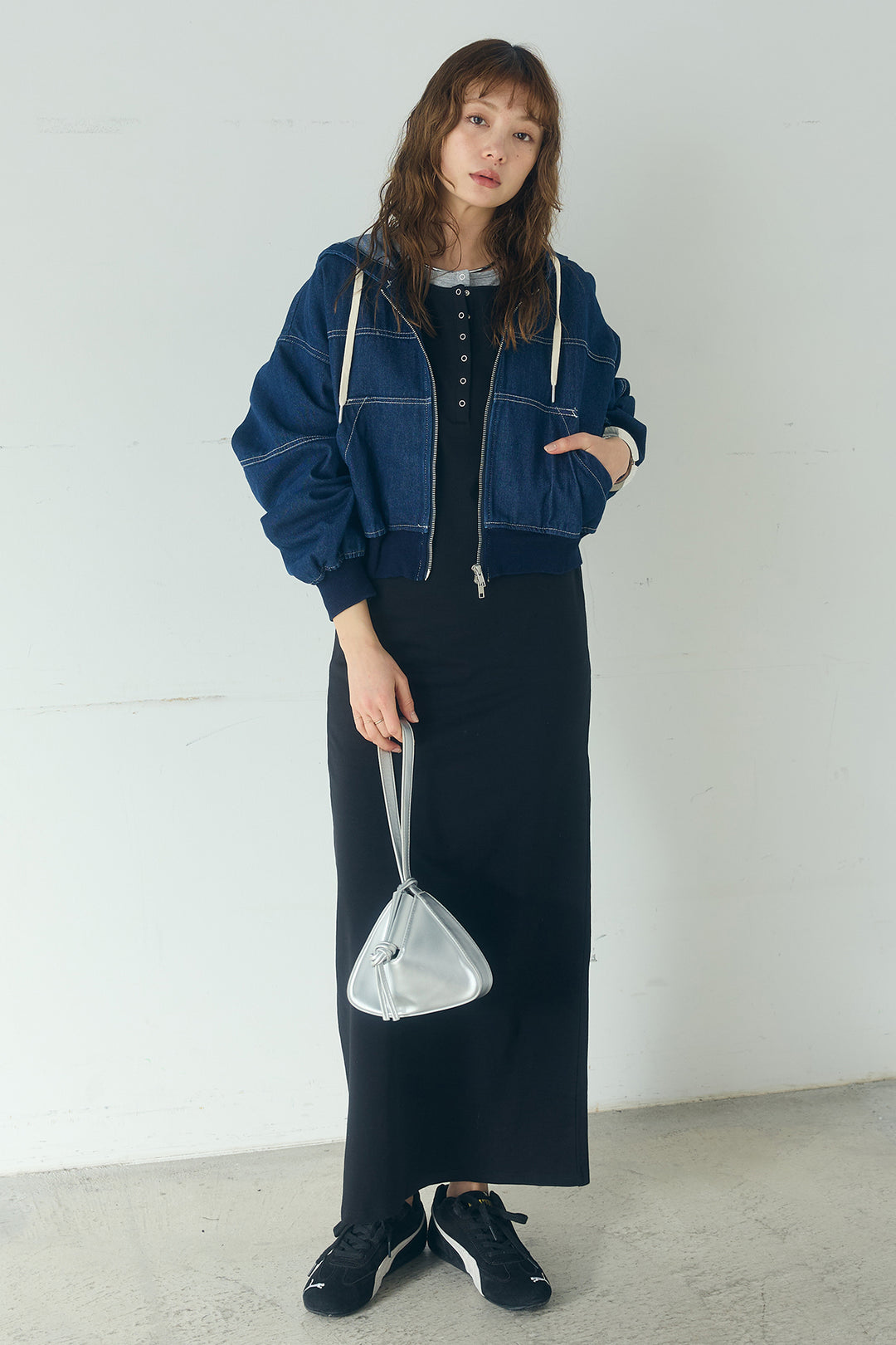 [SET]デニムダブルジップパーカーブルゾン+レイヤード見えヘンリーネックロングワンピース(2set)