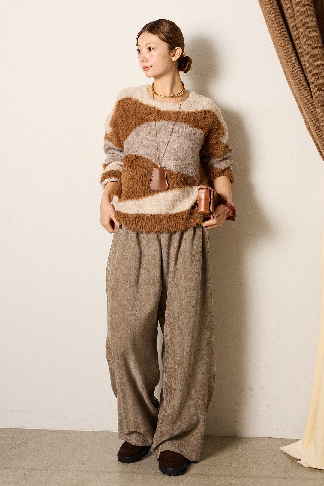 [SET]シャギーウェーブ柄クルーネックニットトップス+かすれデザインワイドパンツ(2set)