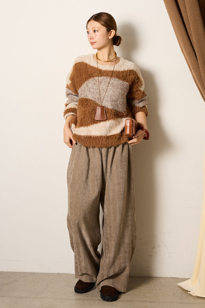 [SET]シャギーウェーブ柄クルーネックニットトップス+かすれデザインワイドパンツ(2set)