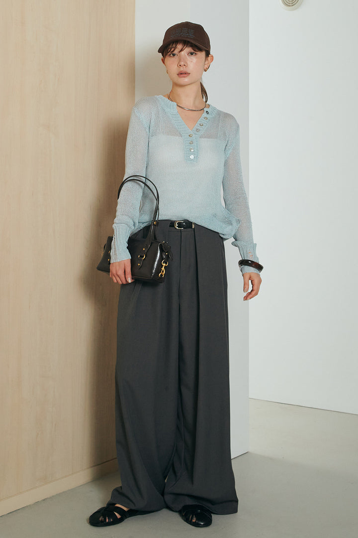 [SET]ヘンリーネックダメージニットプルオーバー+ビックベルトループタックベルト付きワイドパンツ(2set)