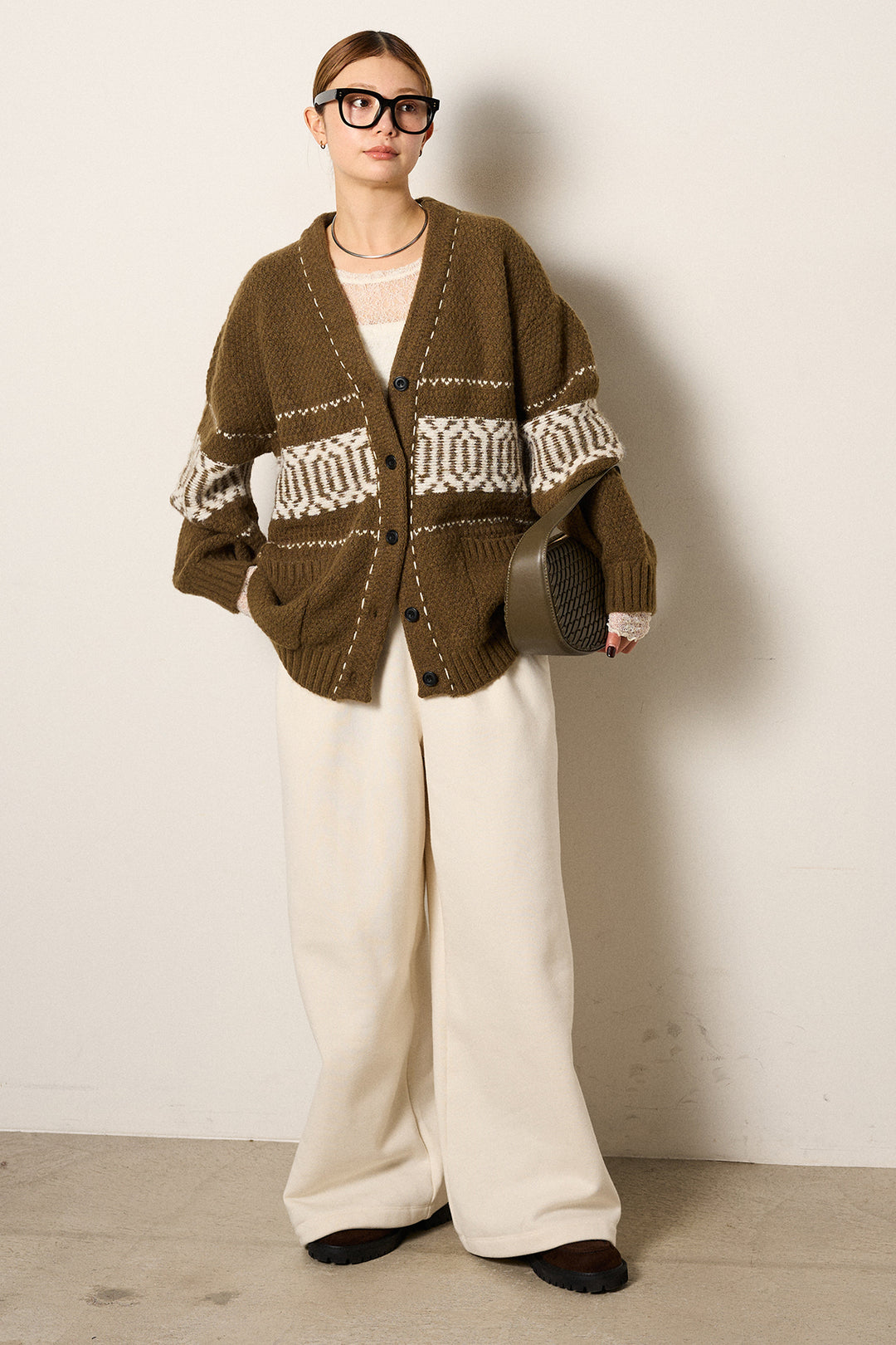 [SET]ライン柄ステッチニットカーディガン+2WAY袖コード刺繍クルーネックプルオーバー+裏起毛スウェットワイドパンツ(3set)