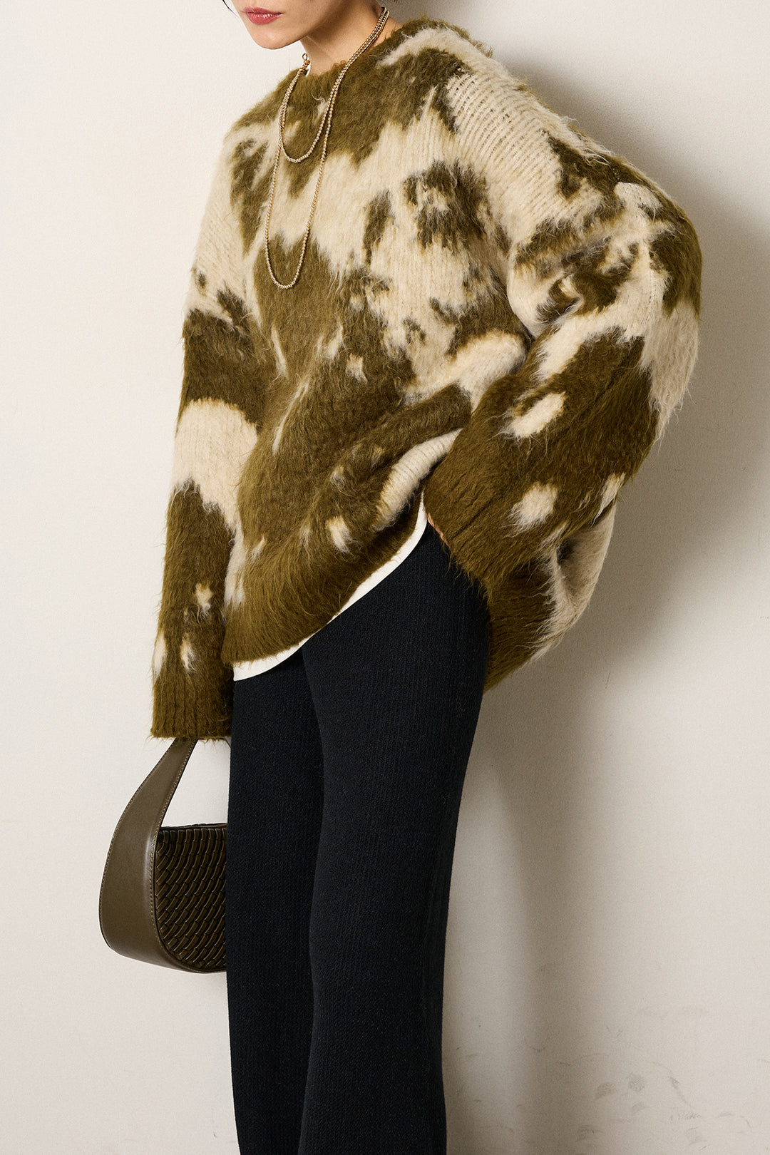 [SET]モヘアタッチマーブルニット+箔プリントBIGシルエットロングスリーブTシャツ+ワイドリブニットイージーパンツ(3set)