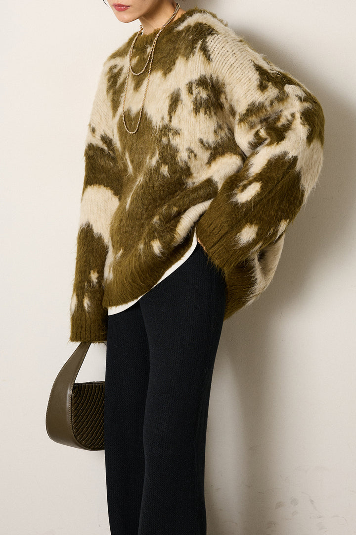 [SET]モヘアタッチマーブルニット+箔プリントBIGシルエットロングスリーブTシャツ+ワイドリブニットイージーパンツ(3set)