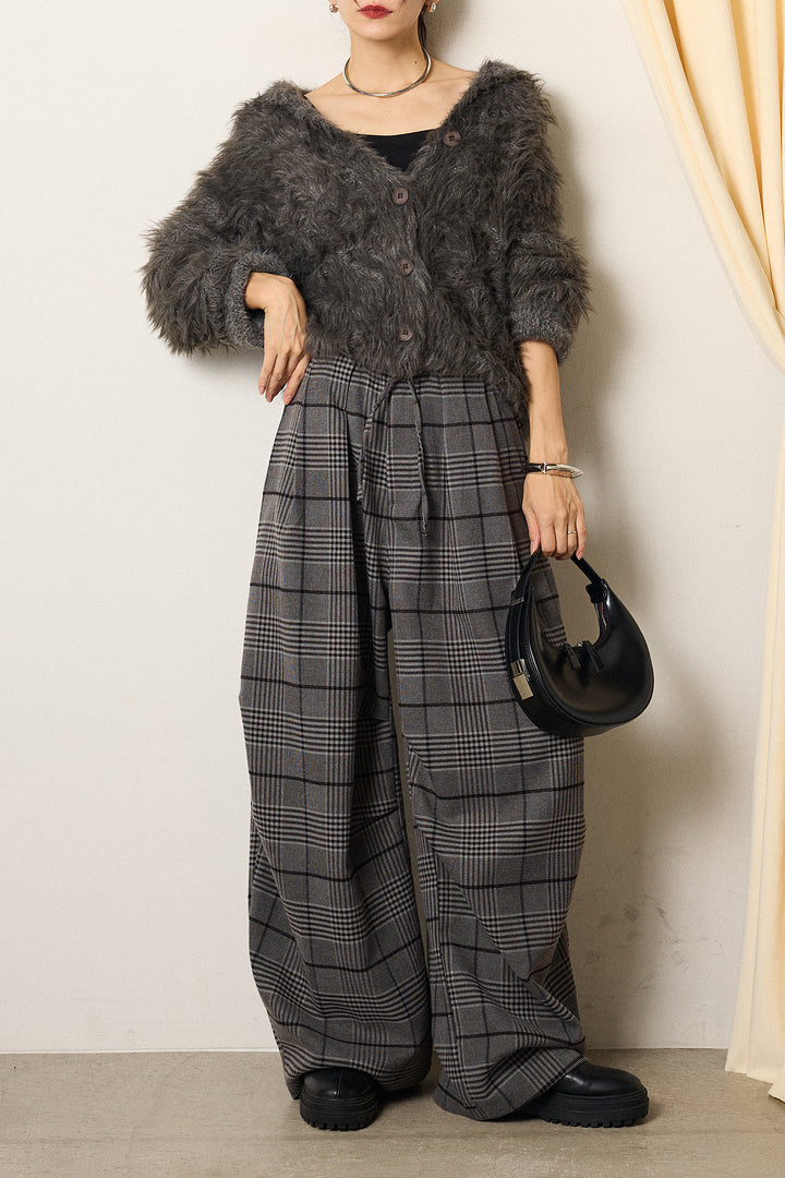 [SET]襟付きシャギーニットカーディガン+グレンチェックルーズタックパンツ(2set)